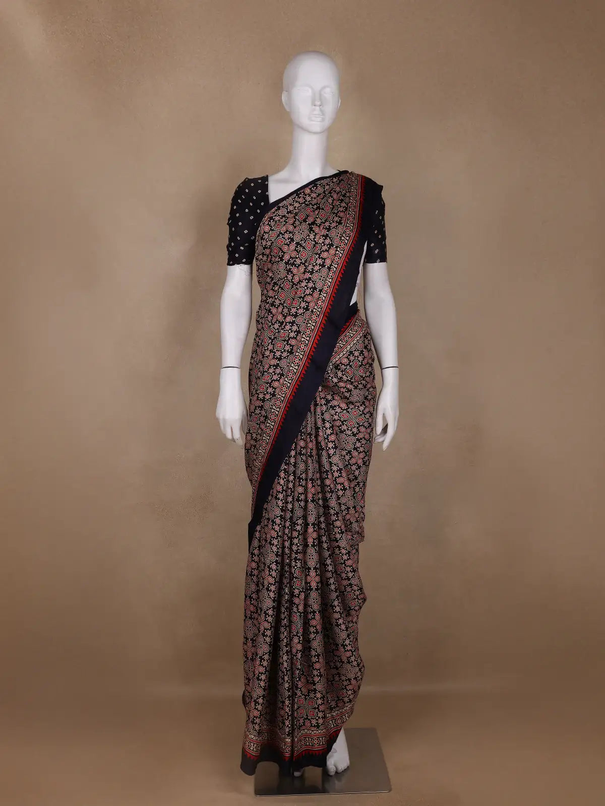 Navy Blue Ajrak Print Mul Mul Cotton Saree - Diadem