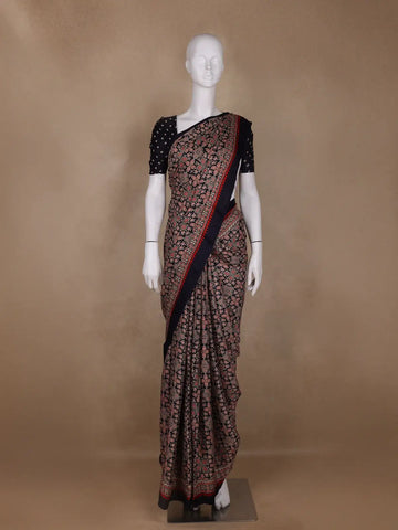 Navy Blue Ajrak Print Mul Mul Cotton Saree - Diadem