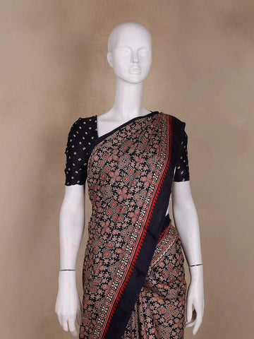 Navy Blue Ajrak Print Mul Mul Cotton Saree - Diadem