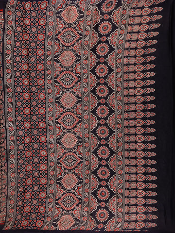 Navy Blue Ajrak Print Mul Mul Cotton Saree - Diadem