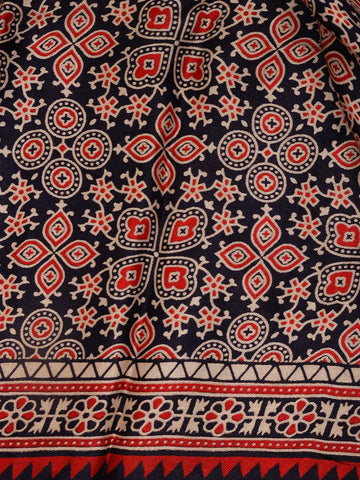 Navy Blue Ajrak Print Mul Mul Cotton Saree - Diadem