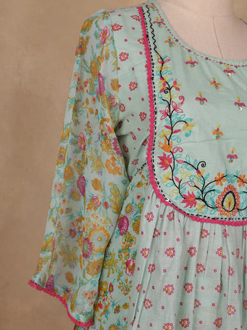 Mint Green Floral Printed Cotton Salwar Suit - Diadem