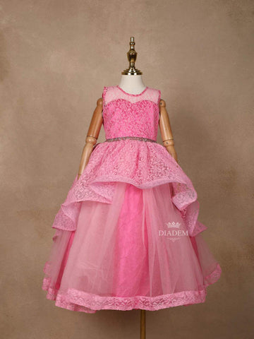 Pink Floral Lace Net Layered Gown - Diadem