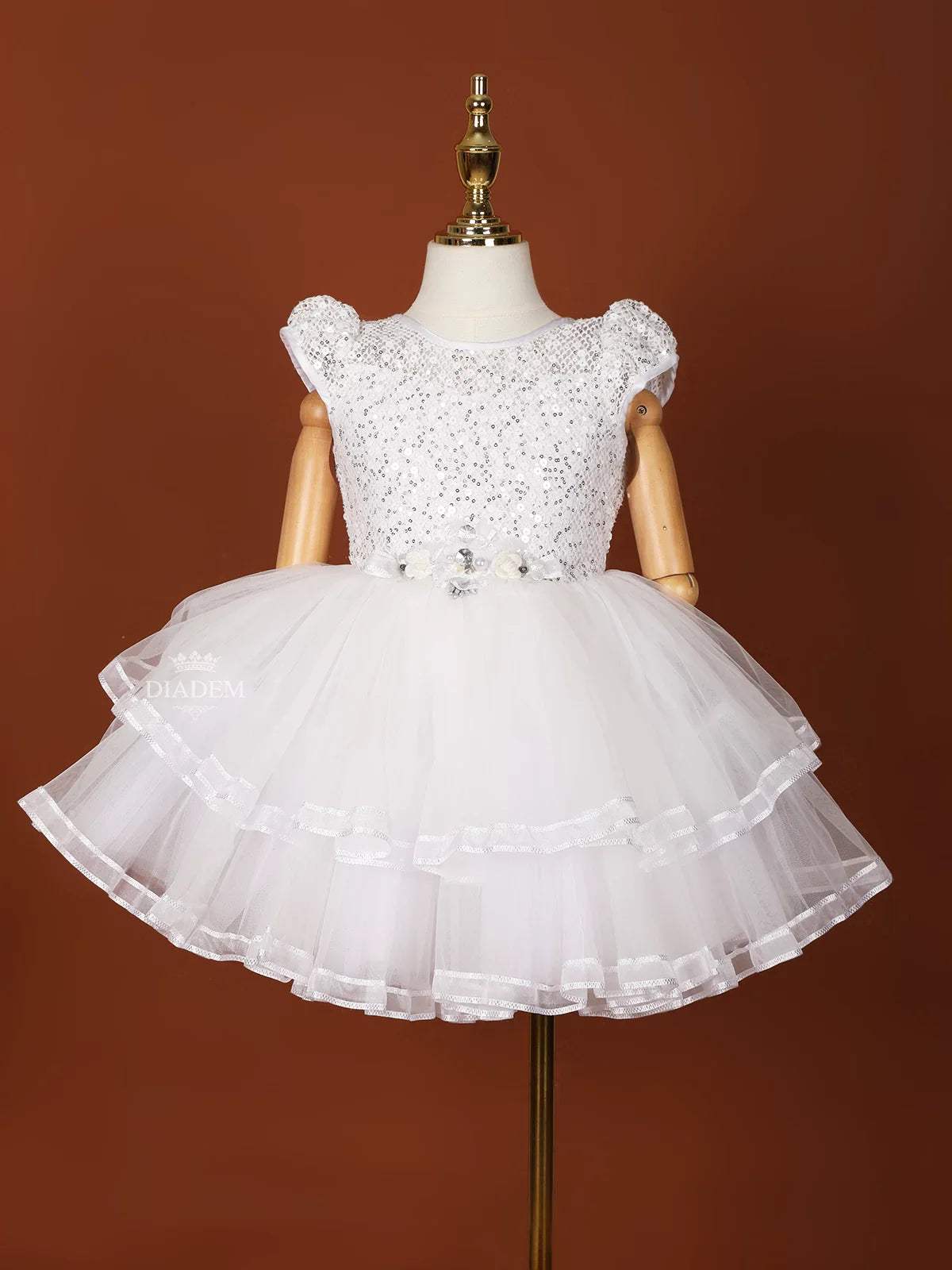 White Net Frock Embellished with Sequins and 3D Flowers - Diadem