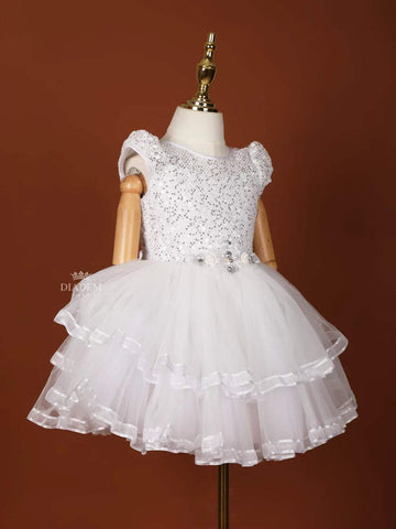 White Net Frock Embellished with Sequins and 3D Flowers - Diadem