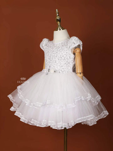 White Net Frock Embellished with Sequins and 3D Flowers - Diadem