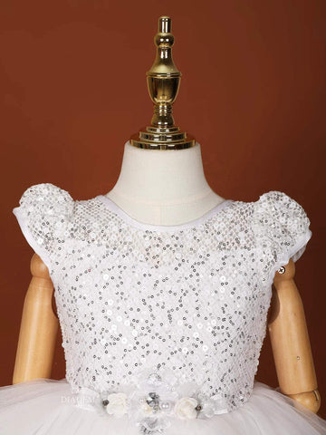 White Net Frock Embellished with Sequins and 3D Flowers - Diadem