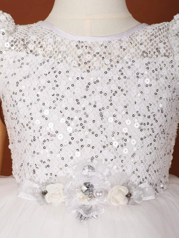White Net Frock Embellished with Sequins and 3D Flowers - Diadem