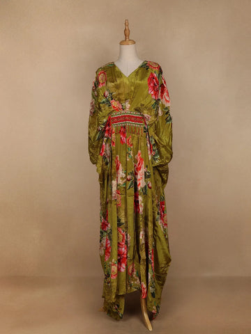 Green Floral Printed Kaftan-style Crepe Gown - Diadem