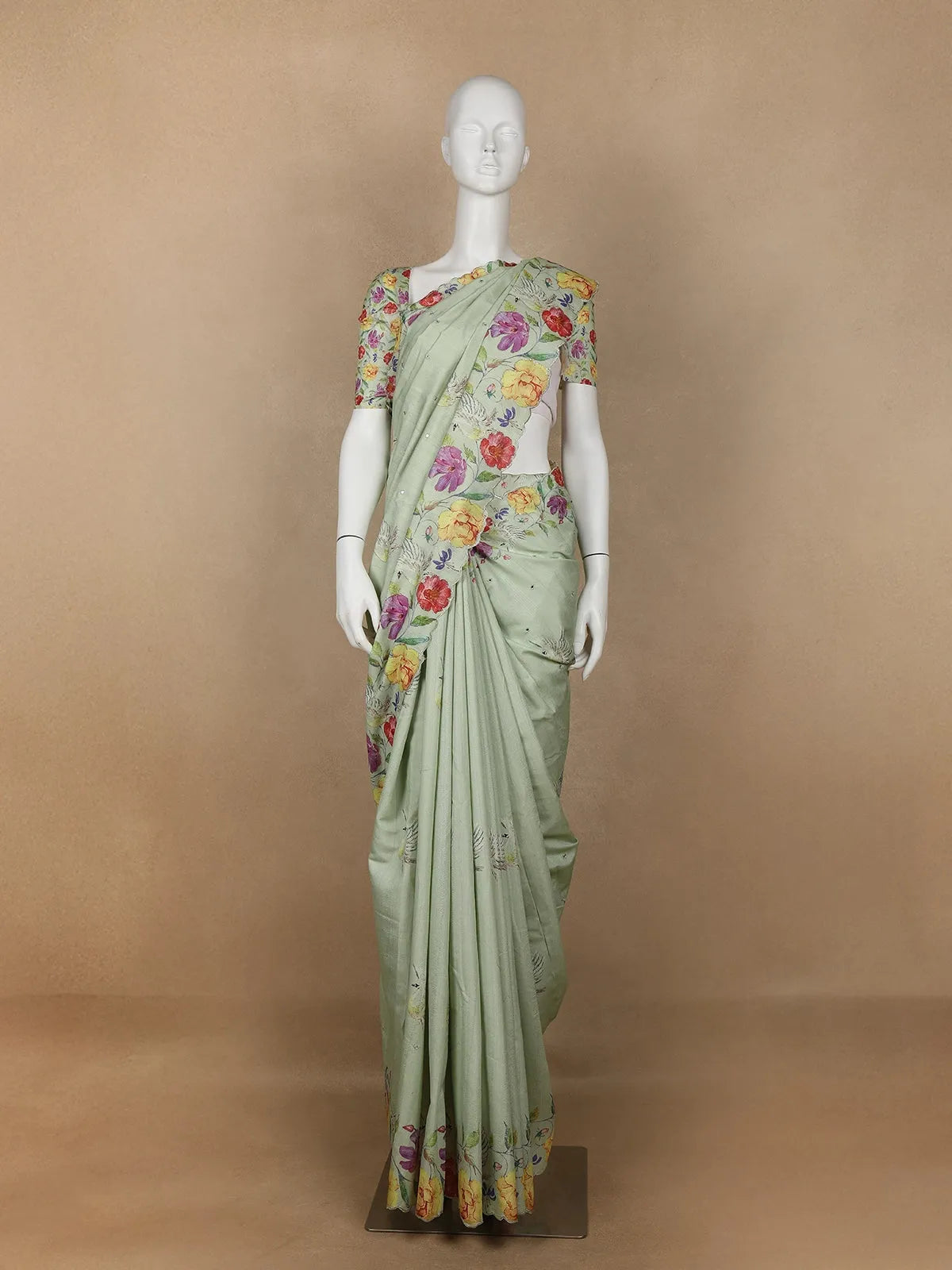 Pale Green Floral Designed Semi Tussar Silk Saree - Diadem