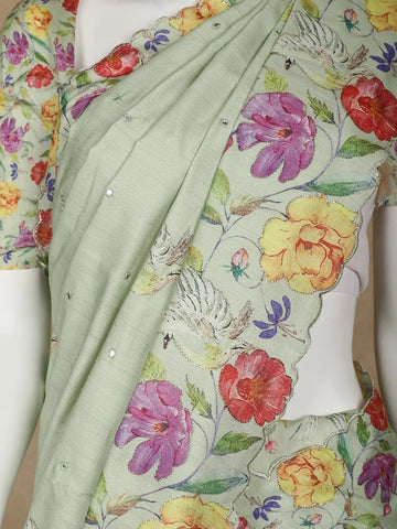 Pale Green Floral Designed Semi Tussar Silk Saree - Diadem