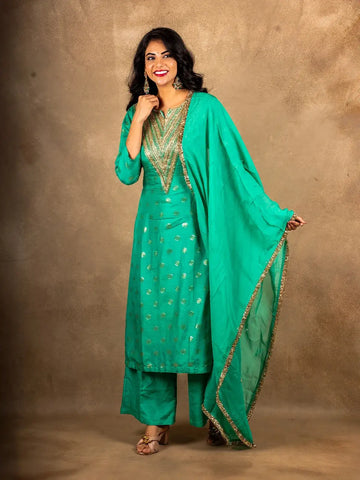 Aqua Green Floral Designed Banarasi silk Palazzo Salwar Suit - Diadem