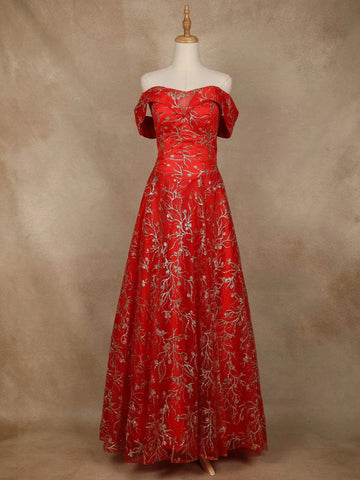 Red Vine Glitter Paste Designed Bridal Reception Gown - Diadem