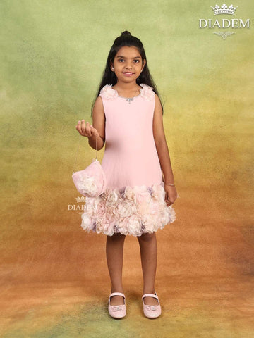 Light Pink Crepe Frock Adorned with 3D Flowers paired with Purse - Diadem