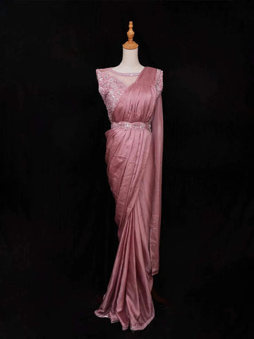Onion Pink Satin Ready to Wear Saree with Plain Body Paired with Designer Blouse and Waist Belt - Diadem