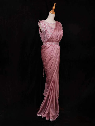 Onion Pink Satin Ready to Wear Saree with Plain Body Paired with Designer Blouse and Waist Belt - Diadem