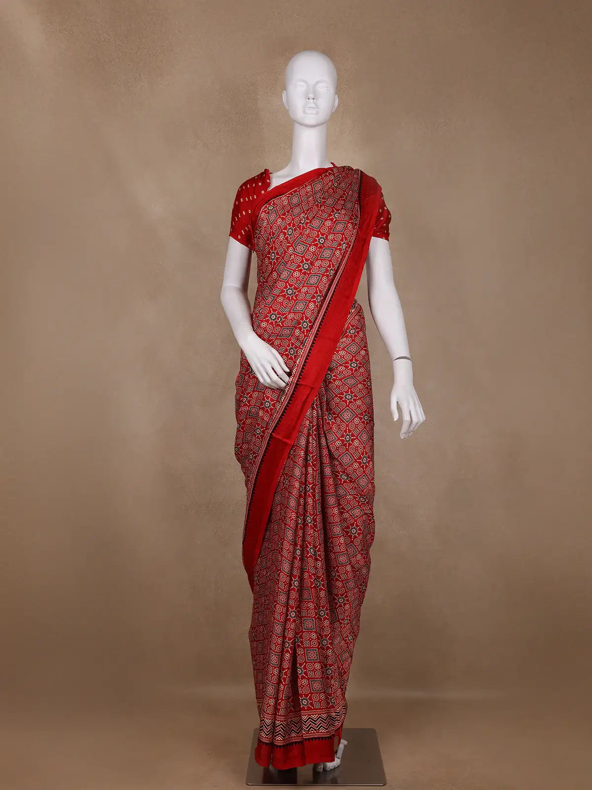 Maroon Ajrak Print Mul Mul Cotton Saree - Diadem