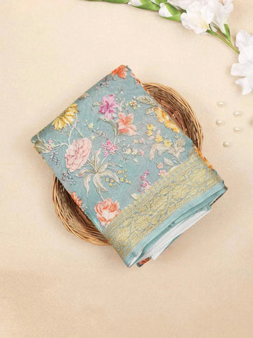 Light Blue Chanderi Silk Saree with Flower and Leaf Design On the Body with Designed Border - Diadem