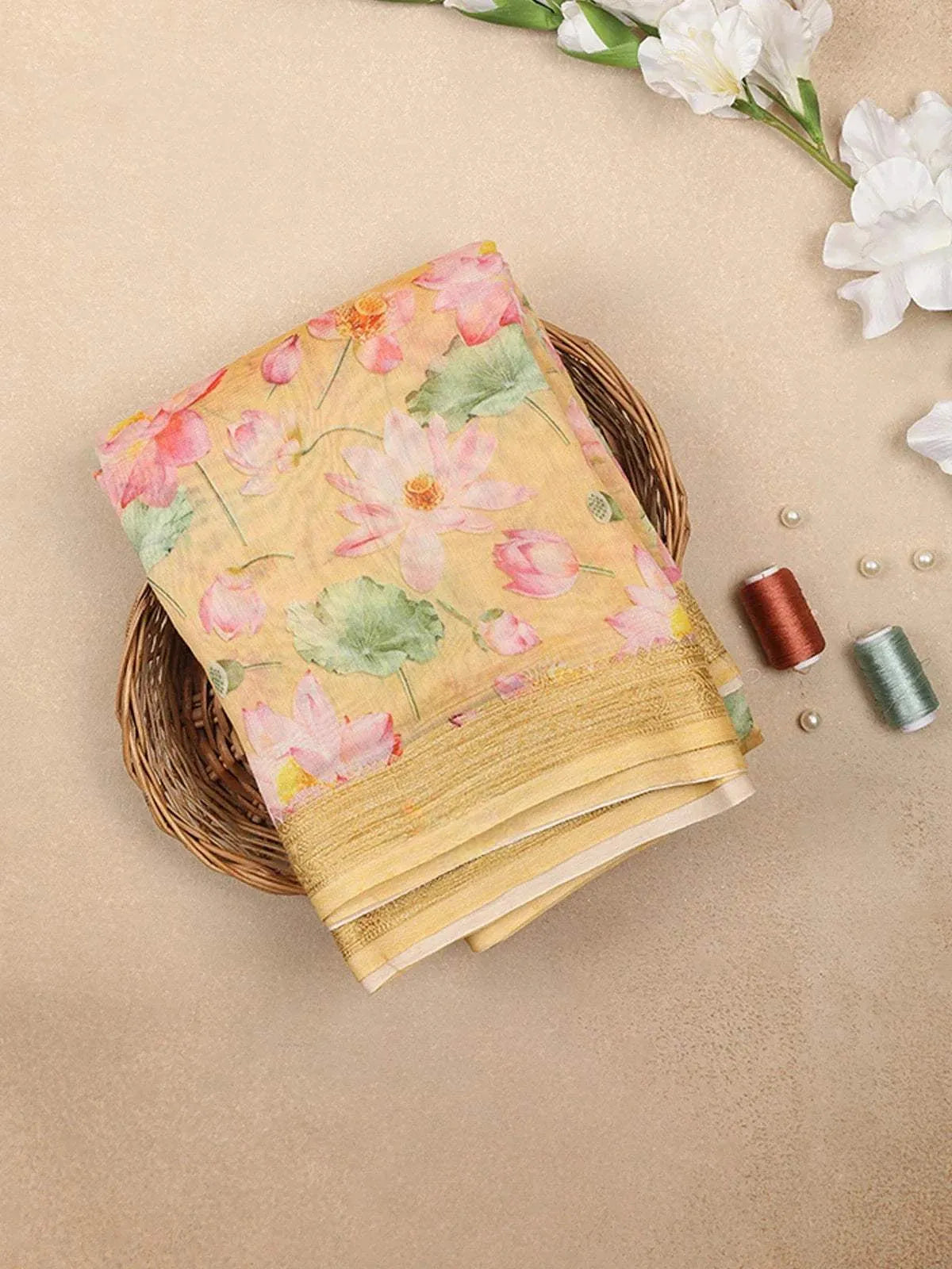 Sandal Chanderi Silk Saree with Flower and Leaf Print Design on the Body with Matching Border - Diadem