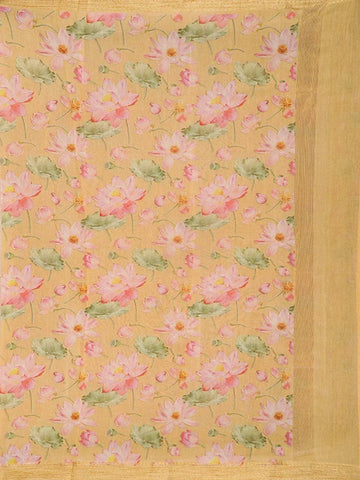 Sandal Chanderi Silk Saree with Flower and Leaf Print Design on the Body with Matching Border - Diadem