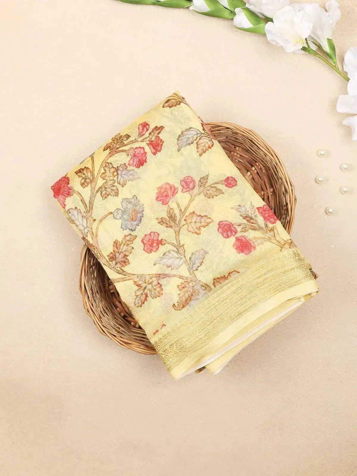 Yellow Chanderi Silk Saree with Flower and Leaf design on the Body with Matching Border - Diadem