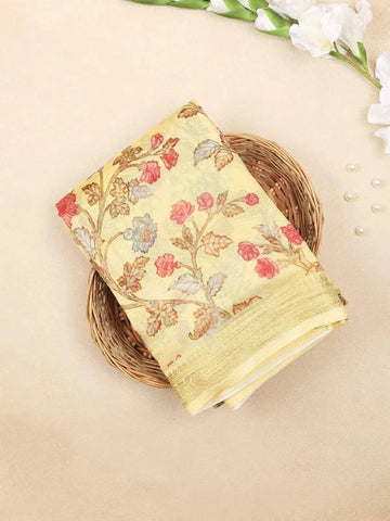 Yellow Chanderi Silk Saree with Flower and Leaf design on the Body with Matching Border - Diadem