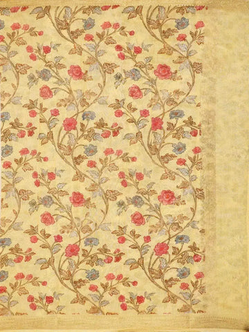 Yellow Chanderi Silk Saree with Flower and Leaf design on the Body with Matching Border - Diadem