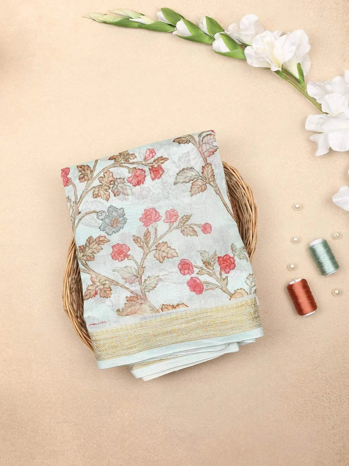 Light Blue Chanderi Silk Saree with Flower Vines Design on the Body with Designed Border - Diadem