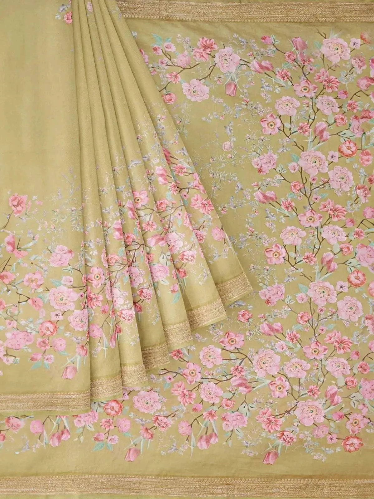 Parrot Green Chanderi Silk Saree with Floral Prints on the body and Printed Border - Diadem