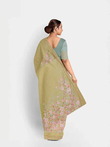 Parrot Green Chanderi Silk Saree with Floral Prints on the body and Printed Border - Diadem