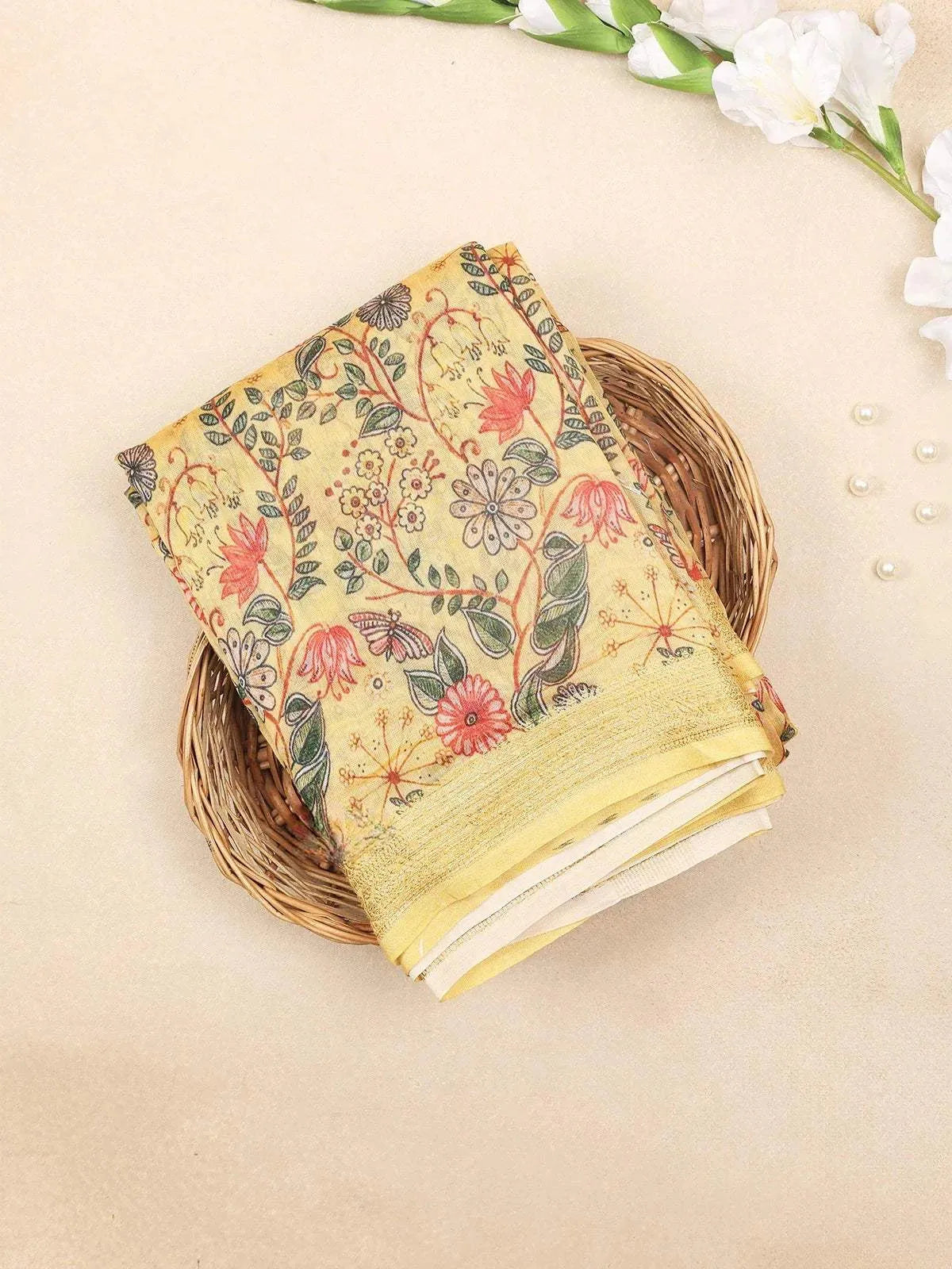 Mustard Yellow Chanderi Silk Saree with Floral Design on the Body with Matching Border - Diadem