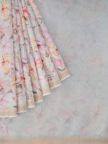 Light Green Chanderi Silk Saree with Floral Prints on the body and Zari Border - Diadem
