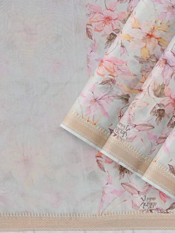 Light Green Chanderi Silk Saree with Floral Prints on the body and Zari Border - Diadem