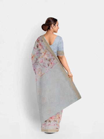 Light Green Chanderi Silk Saree with Floral Prints on the body and Zari Border - Diadem