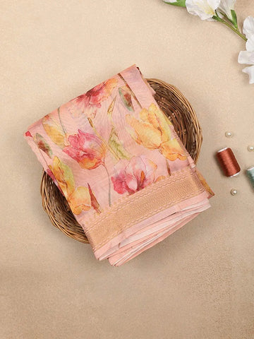 Light Pink Chanderi Silk Saree with Printed Flower Design on the Body with Matching Border - Diadem