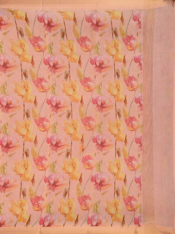 Light Pink Chanderi Silk Saree with Printed Flower Design on the Body with Matching Border - Diadem