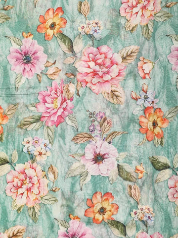 Green Chanderi Silk Saree with Floral and leaf Design on the Body with Matching Border - Diadem