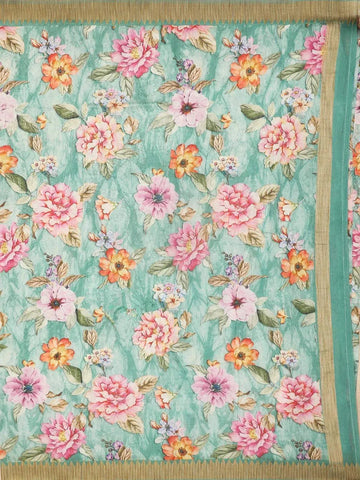 Green Chanderi Silk Saree with Floral and leaf Design on the Body with Matching Border - Diadem