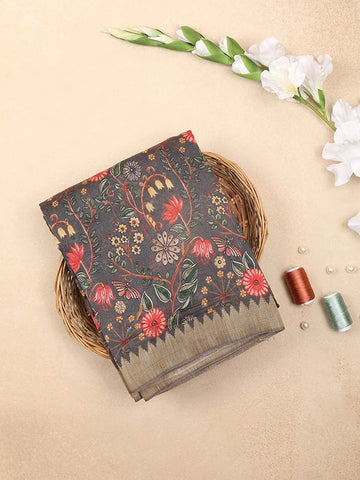 Dark Grey Chanderi Silk Saree with Colorful Floral Pattern on the Body with Matching Border - Diadem