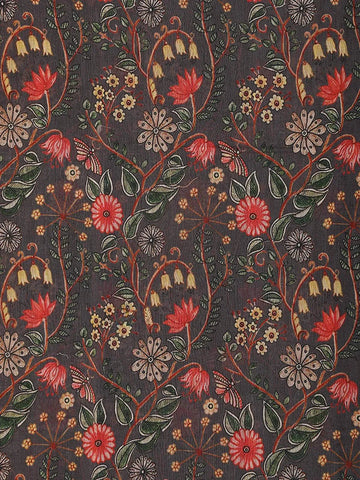 Dark Grey Chanderi Silk Saree with Colorful Floral Pattern on the Body with Matching Border - Diadem