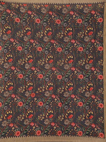 Dark Grey Chanderi Silk Saree with Colorful Floral Pattern on the Body with Matching Border - Diadem