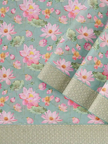 Green Chanderi Silk Saree with Floral Prints on the body and Zari Border - Diadem