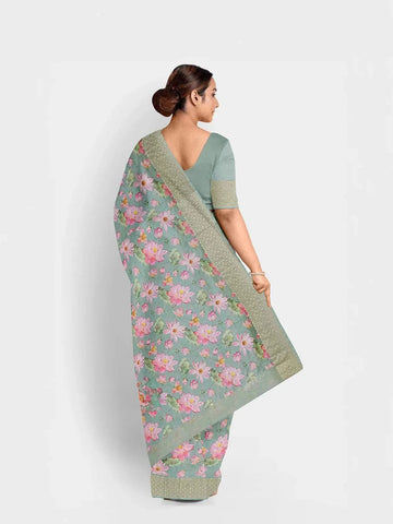 Green Chanderi Silk Saree with Floral Prints on the body and Zari Border - Diadem