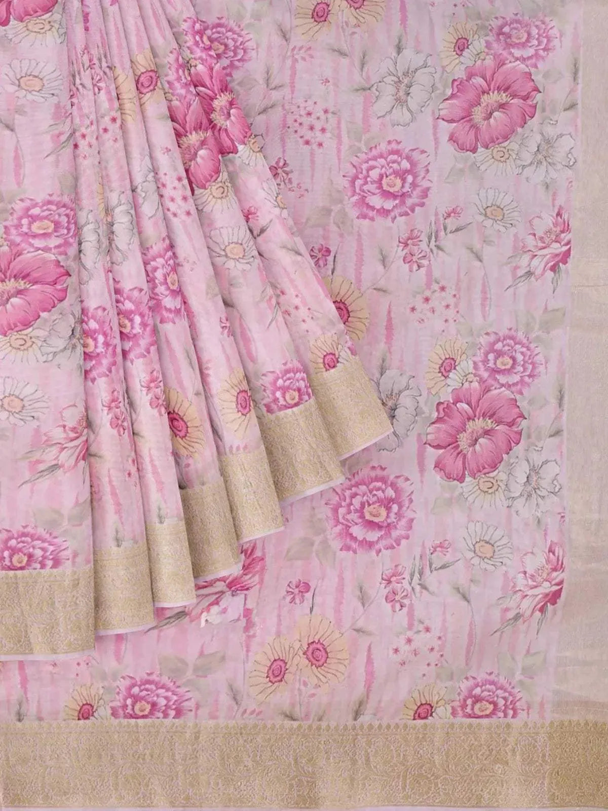 Light Pink Chanderi Silk Saree with Floral Prints on the body and Zari Border - Diadem