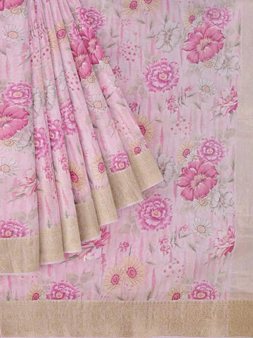 Light Pink Chanderi Silk Saree with Floral Prints on the body and Zari Border - Diadem