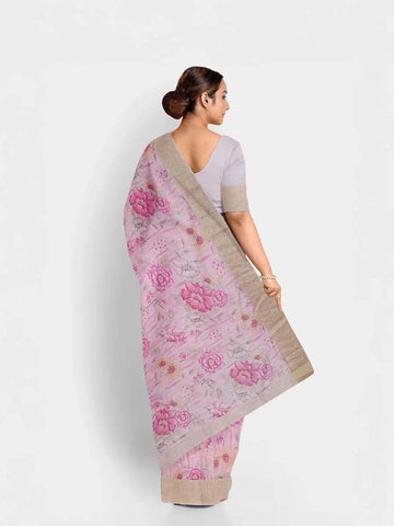 Light Pink Chanderi Silk Saree with Floral Prints on the body and Zari Border - Diadem