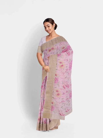Light Pink Chanderi Silk Saree with Floral Prints on the body and Zari Border - Diadem