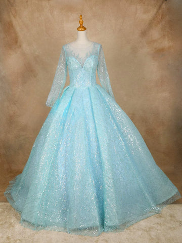 Sky Blue Sequins Bridal Reception Net Ball Gown - Diadem
