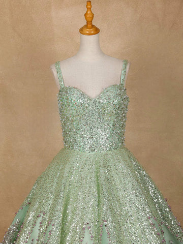 Pista Green Floral Sequin and Beaded Bridal Reception Net Ball Gown - Diadem