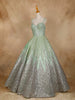 Pista Green Floral Sequin and Beaded Bridal Reception Net Ball Gown - Diadem
